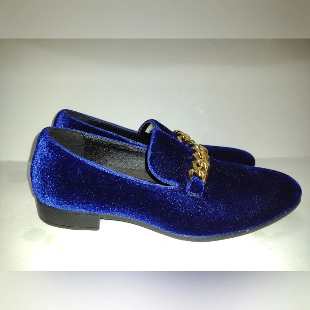 Hugo Vitelli Xavier Velvet Loafer Shoes Men's 9M Blue Goldtone Chain Party Disco
